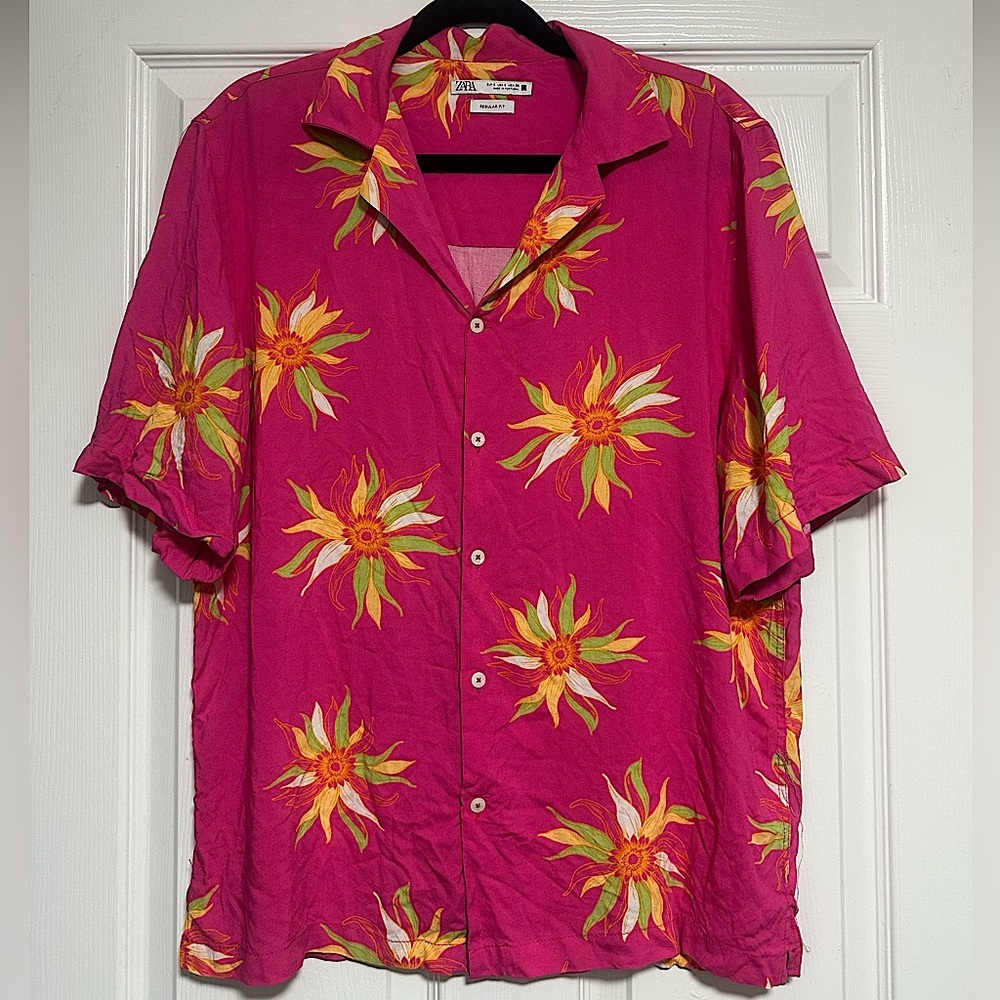 Zara Mens S Pink Yellow Hawaiian Short Sleeve LAYBACK Shirt $49.90